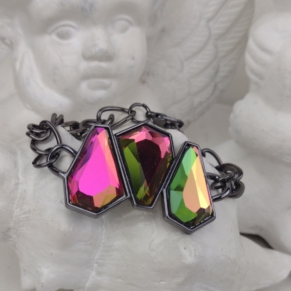Multicolor Oil Spill Multifaceted Iridescent Crystal & Gunmetal Bracelet